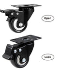 2 inch heavy duty swivel caster wheels with brake in a 48 pack, quiet polyurethane locking casters designed for furniture and workbenches, showing lock and open positions.