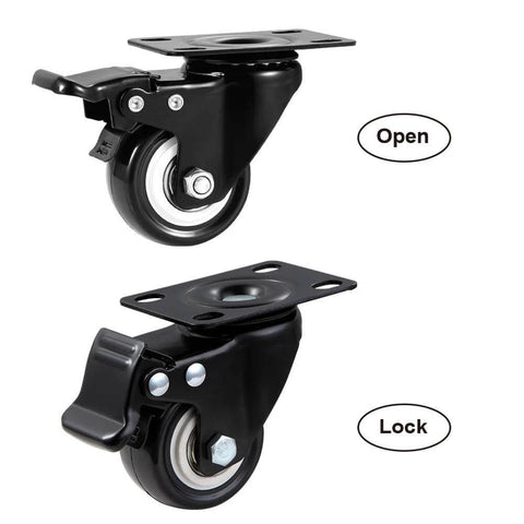 2 inch heavy duty swivel caster wheels with brake in a 48 pack, quiet polyurethane locking casters designed for furniture and workbenches, showing lock and open positions.