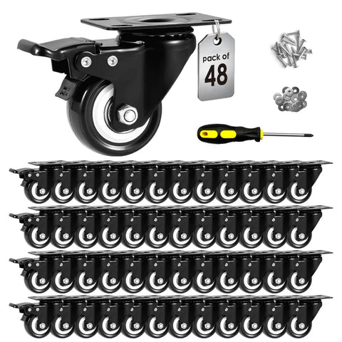 2 inch heavy duty swivel caster wheels with brake in a 48 pack, quiet polyurethane locking casters for workbenches.