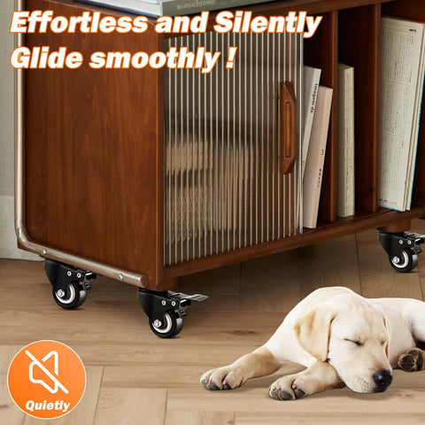 Furniture with set of 8 2 inch heavy duty industrial caster wheels with brakes and quiet PU construction, dog sleeping nearby