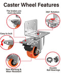 2-Inch L-Shaped Side Mount Caster Wheels Set Of Four Heavy Duty Casters With Brake Double Bearing Polyurethane Wheels features