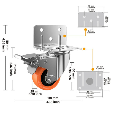2-Inch L-Shaped Side Mount Caster Wheels Set Of Four Heavy Duty Casters With Brake Double Bearing Polyurethane Wheels size diagram