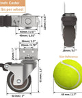 Diagram of 2 Inch L Shaped Swivel Plate Casters With Brakes, TPR Silent Furniture Wheels, 600 Lb Total Load compared to tennis ball size.