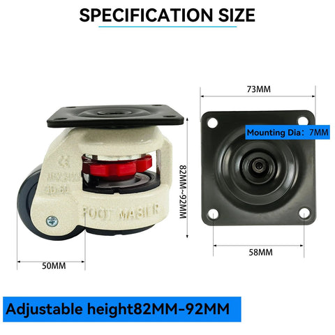 Four Pack 2 Inch Leveling Machine Casters With Nylon Wheels And Rubber Feet For Stable Installs And Smooth Mobility Load Capacity Up To 2200 Lbs technical specifications shown in diagram
