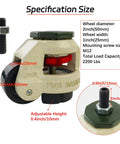 Close-up of 4 Pack 2 Inch Leveling Machine Stem Casters With Retractable Rubber Feet For Workbenches, Machines, And Equipment, Adjustable To Straighten On Uneven Floors, Industrial Grade Heavy Duty Capacity Up To 2200 Lbs, showing specifications and dimensions.