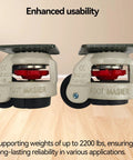 Close-up of two Four Pack 2 Inch Leveling Machine Casters with Nylon Wheels and Rubber Feet for stable installs on wooden floor