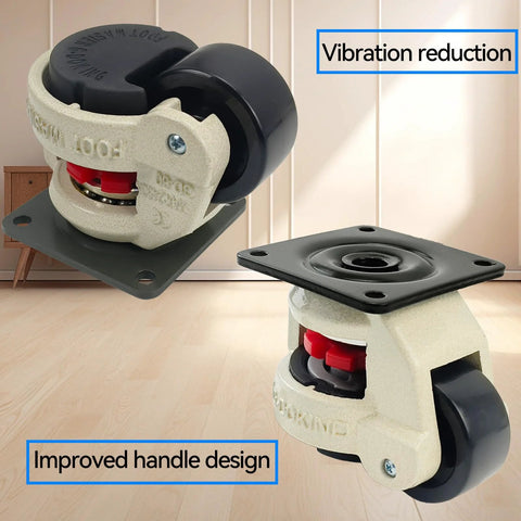 Four Pack 2 Inch Leveling Machine Casters With Nylon Wheels And Rubber Feet For Stable Installs And Smooth Mobility Load Capacity Up To 2200 Lbs Ideal For Heavy Machinery And Equipment Reduces Vibration And Improves Maneuverability On Uneven Floors