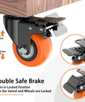 Close-up of 2 inch heavy duty caster wheels set of 4 with locking brakes silent swivel casters polyurethane wheels steel housing.
