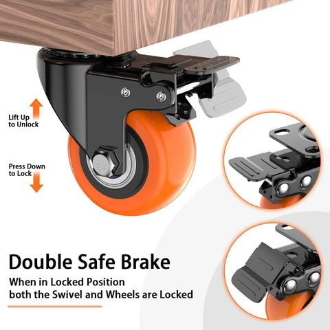 Close-up of 2 inch heavy duty caster wheels set of 4 with locking brakes silent swivel casters polyurethane wheels steel housing.