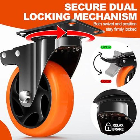 2 Inch Heavy Duty Locking Caster Wheels Set of 4 with brake mechanism shown, 600lb capacity, quiet PU rolling wheels for furniture