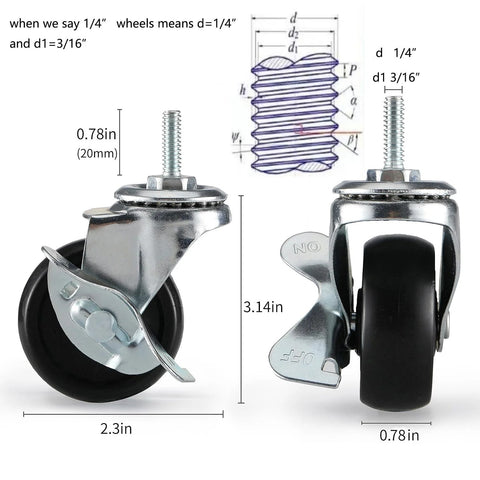 2 Inch Locking Swivel Casters Set Of 4 With 1/4-20 Threaded Stem For Wire Shelving Racks Heavy Duty Steel Wheels shown with measurements