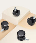 Four Pack 2 Inch Locking Swivel Casters With M8 Threaded Stem 360 Degree Smooth Rolling Wheels displayed on a stepped surface.