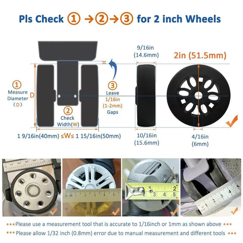 8 Pcs Luggage Wheels Replacement Kit with 2 Inch TPU Rubber Double Row Spinner Wheels dimensions and measurement guide.