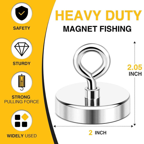 2 Inch Neodymium Fishing Magnet With 350 Lb Pull Heavy Duty Salvage Tool For Metal Pickup diagram with size and features