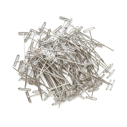 Pile of 2 Inch T Pins Set Of 100 Nickel Plated Steel Pins for knitting, wigs, sewing, crafting, and office boards, 14 mm head.