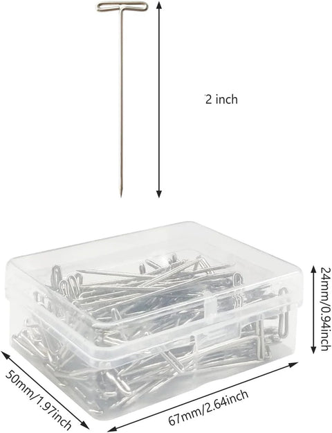 2 Inch T Pins Set Of 100 Nickel Plated Steel Pins With Plastic Storage Box for knitting, wigs, sewing, and crafting.