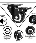 2" Caster Wheels Set of 4, Heavy Duty with Brake - Locking Polyurethane (PU) No Noise Swivel Plate Casters, Pack of 4 features