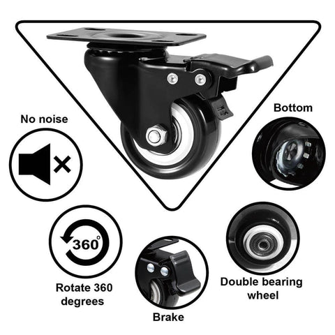 2" Caster Wheels Set of 4, Heavy Duty with Brake - Locking Polyurethane (PU) No Noise Swivel Plate Casters, Pack of 4 features