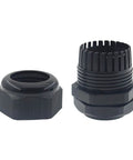 2 Inch NPT Strain Relief Nylon Cord Grip 5 Pack Waterproof IP68 Glands Adjustable Wire Cable Grip Connector For Junction Box 37 To 44mm Black CE ROHS Ideal For Outdoor Use displayed disassembled.