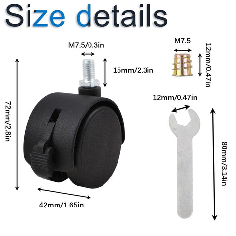 4 Pcs 2 Inch Nylon Caster Wheels With Brakes Black Swivel Castors With M7.5 Threaded Stem Nut And Spanner Size Details