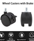 4 Pcs 2 Inch Nylon Caster Wheels With Brakes Black Swivel Castors With M7.5 Threaded Stem Nut and Durable Design