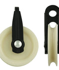 2PCS 2 Inch Nylon Clothesline Pulley, Outdoor Puller Rope Wire Rope Pulley, front and side view of nylon pulleys for clotheslines