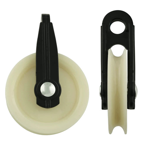2PCS 2 Inch Nylon Clothesline Pulley, Outdoor Puller Rope Wire Rope Pulley, front and side view of nylon pulleys for clotheslines