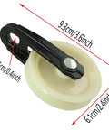 Close-up of a 2PCS 2 Inch Nylon Clothesline Pulley with measurements, featuring a durable wheel for outdoor clotheslines.
