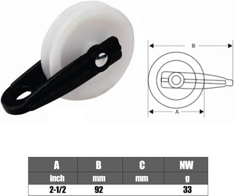 2-inch diameter Nylon Clothesline Pulley with black bracket, diagram showing dimensions, part of a Clothes Line Pulley Kit