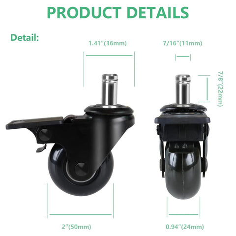 2 Inch Office Chair Caster Wheels With Brakes Heavy Duty Set Of 5 Replacement Universal Rolling Chair Wheels for hardwood floors and carpet showing measurements.