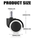 Side view of a single 2 Inch Universal Office Chair Wheel with dimensions and alloy steel stem, black and white design.