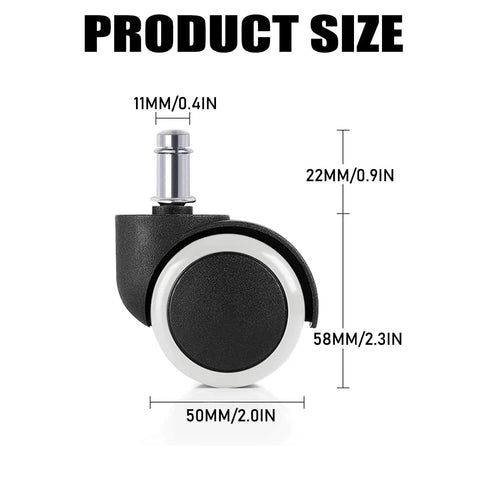 Side view of a single 2 Inch Universal Office Chair Wheel with dimensions and alloy steel stem, black and white design.