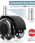 Two Inch Office Chair Wheels Set Of Five Heavy Duty Rubber Casters For Hardwood And Carpet With 2200 Lbs Capacity Universal Fit Smooth Rolling Replacement Black Stem Size Seven Sixteenth By Seven Eighths Inch Tool Free Installation close-up view
