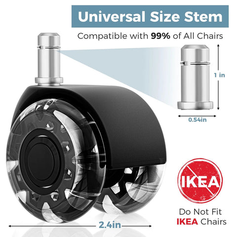 Two Inch Office Chair Wheels Set Of Five Heavy Duty Rubber Casters For Hardwood And Carpet With 2200 Lbs Capacity Universal Fit Smooth Rolling Replacement Black Stem Size Seven Sixteenth By Seven Eighths Inch Tool Free Installation close-up view