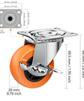 2 Inch Casters With Side Brake Set Of 8 Orange Polyurethane Swivel Plate Wheels with measurements