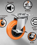 Close-up of 2 Inch Casters With Side Brake Set Of 8 Orange Polyurethane Swivel Plate Wheels highlighting features.