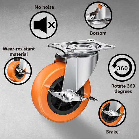 Close-up of 2 Inch Casters With Side Brake Set Of 8 Orange Polyurethane Swivel Plate Wheels highlighting features.
