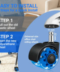 Heavy Duty 2 Inch Rubber Chair Casters Set Of 5 With Clear Polyurethane Wheels For Smooth Rolling On Hardwood Carpet And Tile Floors Universal 11 By 22 Mm Fit Ideal Replacement For Office And Gaming Desk Chairs Gentle On Floors illustration showing installation steps