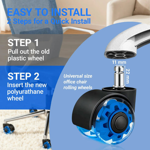 Heavy Duty 2 Inch Rubber Chair Casters Set Of 5 With Clear Polyurethane Wheels For Smooth Rolling On Hardwood Carpet And Tile Floors Universal 11 By 22 Mm Fit Ideal Replacement For Office And Gaming Desk Chairs Gentle On Floors illustration showing installation steps
