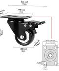 2" Caster Wheels Set of 4, Heavy Duty with Brake - Locking Polyurethane (PU) No Noise Swivel Plate Casters, Pack of 4 dimensions