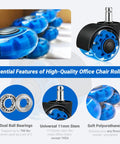 Heavy Duty 2 Inch Rubber Chair Casters Set Of 5 With Clear Polyurethane Wheels for Smooth Rolling on Hardwood Carpet and Tile Floors Universal 11 By 22 Mm Fit Ideal Replacement for Office and Gaming Desk Chairs Gentle On Floors displayed with ball bearings and stems.
