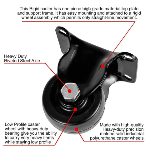 2 Inch Heavy Duty Polyurethane Caster Wheels Rigid Fixed Non Swivel Industrial Grade Solid Low Profile Designed For Heavy Carts