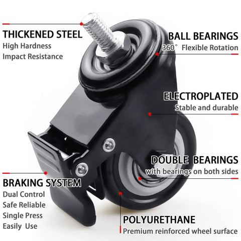 Close-up of a 2 Inch Swivel Caster Wheels Set Of 12 With M8 Threaded Stem 15mm showing steel, ball bearings, and brake system.