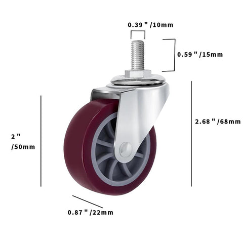 2 Inch Threaded Stem Casters Set Of 4 Heavy Duty Polyurethane Industrial Castors Wheels For Cart, Furniture And Workbench