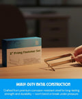 Premium Prong Paper Fasteners With 2 Inch Capacity And 50 Complete Sets, Heavy Duty Metal Construction with box and fastener on table