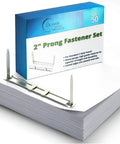 Premium Prong Paper Fasteners With 2 Inch Capacity And 50 Complete Sets, Heavy Duty Metal Construction, displayed on documents.