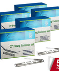 Image of Premium 2 Inch Capacity Prong Paper Fasteners 250 Pack Made in USA With Pro Grade Heavy Duty Premium Steel and Compressor, shown in five blue boxes of 50 with individual metal fasteners.