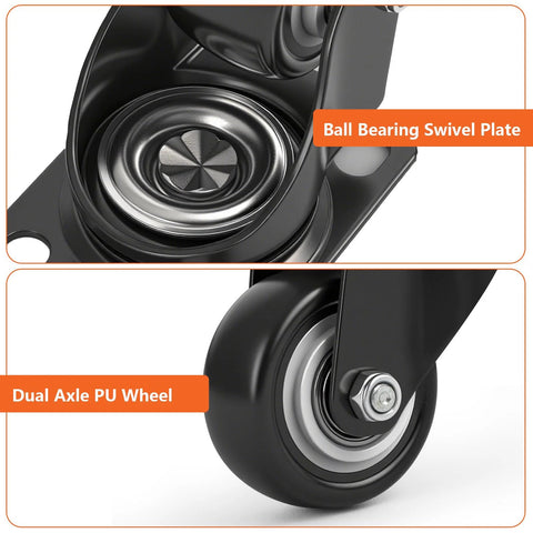 Close-up of 2 Inch PU Swivel Caster Wheels Set Of 4 For Carts, Workbenches, And Furniture Heavy Duty Plate Casters showing ball bearing plate and dual axle wheel.