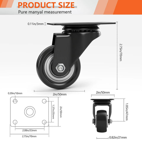 2 Inch PU Swivel Caster Wheels Set Of 4 For Carts, Workbenches, And Furniture Heavy Duty Plate Casters With Ball Bearings detailed view