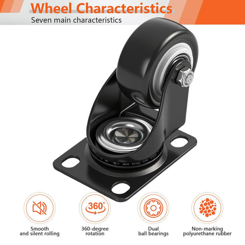 Close-up of 2 Inch PU Swivel Caster Wheels Set Of 4 For Carts, Workbenches, And Furniture showing ball bearings and thickened steel bracket.